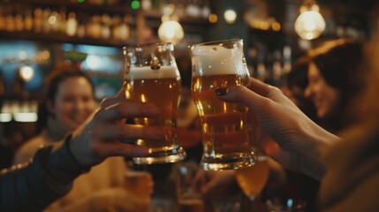 Wall Mural - Friends clinking beer glasses in a warmly lit bar, with happy faces blurred in the background.