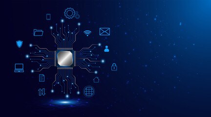 Leinwandbilder - Microchip processor circuit board technology on dark blue background. Information Processing Concept. Circuit board hi-tech technology background. vector illustration	
