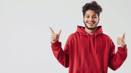 Wall Mural - Young man in a red hoodie smiling and pointing with both hands, isolated on a white background.