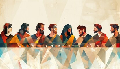 An illustration of the Last Supper with Jesus and his disciples in an architectural style, using lines to create geometric shapes for each character, with soft lighting creating gentle shadows 