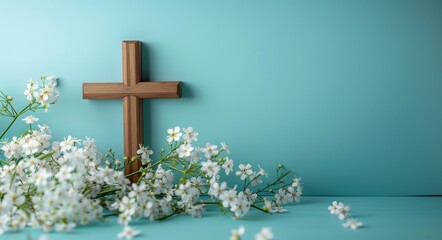 Wall Mural - Easter background with a wooden cross and white flowers on a blue background, copy space concept for an e-card design. Religious symbol of Easter and Christianity for a holiday banner, stock photo.
