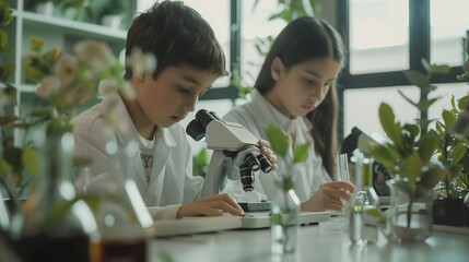 Wall Mural - Two children in white lab coats engrossed in studying plant samples using microscopes in a science lab.