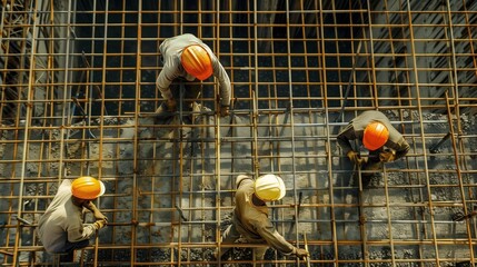 Wall Mural - Four construction workers in safety gear are tying rebar at a construction site, viewed from above.