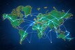 Vibrant digital world map with green lights and blue lines, on deep blue background Sparkling star like dots