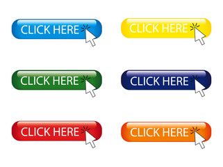 Click here colorful buttons with arrow pointer clicking icon. Set of 3d glossy call to action buttons with 