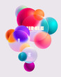3D colorful circles and balls in glass morphism style. Transparent geometric shapes on white background.