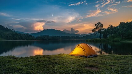 tent by the lake in a beautiful landscape, evening time. camping scene with tent on beautiful mounta