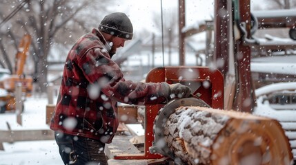 Wall Mural - A man in a red and black plaid jacket operates a wood chipper in a snowy environment.