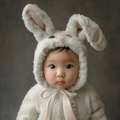 A baby dressed as a bunny, being photographed in a studio.