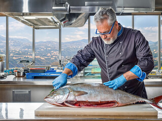 Wall Mural - A cook cuts up a fish. Tuna