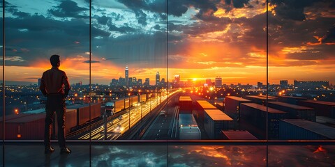 Poster - Silhouette Cityscape at Dramatic Sunrise or Sunset Inspiring Urban Transportation Scene