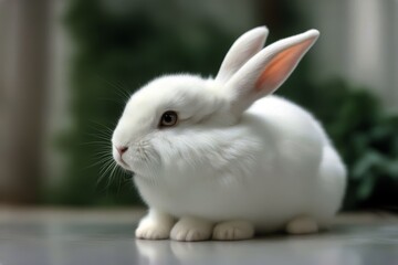 Wall Mural - 'bunny white isolated animal pet fluffy background rabbit cute mammal fur1 young sitting small domestic rodent horizontal portrait ear paw studio clean closeup farm beauty nature wildlife down'