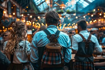 Traditional Bavarian band performing on stage at Oktoberfest, crowd enjoying the music