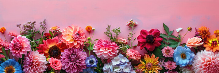 Wall Mural - A group of vibrant and diverse flowers stand out against a bright pink wall, creating a striking contrast