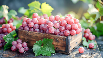 Wall Mural - Ripe grapes are collected in a wooden box against the backdrop of a vineyard and sunlight. The concept of agriculture, healthy and natural nutrition