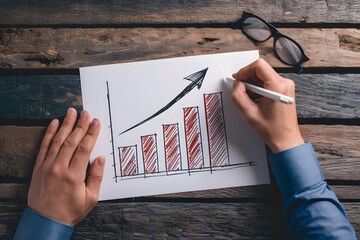 Person drawing red bar chart on white paper with upward arrow trend on rustic table