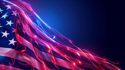 Canvas Print - Stylized image of the American flag with a vibrant neon glow, capturing a dynamic wave pattern.