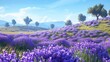 This is an image of a field of lavender in bloom. The flowers are purple and the sky is blue. There are some trees in the background.

