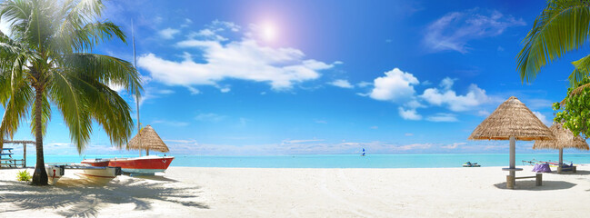 Wall Mural - panorama beautiful beach with white sand, turquoise ocean and blue sky with clouds on sunny day. sum