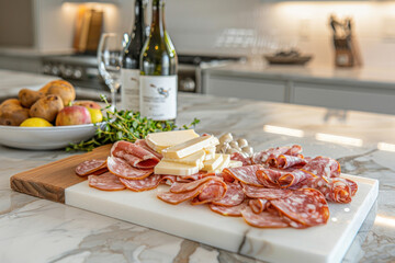 Gourmet charcuterie board with sliced meats, cheese, and wine on a marble kitchen countertop, ideal for elegant gatherings and tastings.