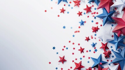 Wall Mural - Red, blue, and white paper stars scattered as a gradient on a white background for a patriotic theme.