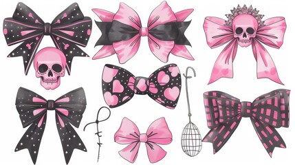 Wall Mural - Emo pink bow with skull set. Y2k style. Goth subculture isolated on white background. Ai generative