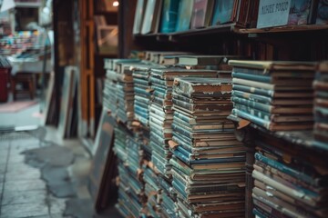 Wall Mural - A pile of well-worn books in a bookshop offers a glimpse into the trove of knowledge and adventure waiting within its pages