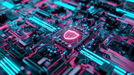 Poster - A vibrant and detailed illustration of a cybernetic circuit board with neon lights and central shield icon.