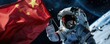 Exploring the Unknown: Full Body Astronaut Embracing the Chinese National Flag in Space