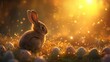 Brown bunny with sitting with golden sunshine shining under tree at in sunny day with easter egg scattering around at grass or magical garden. Fluffy rabbit sitting near colorful easter egg. AIG42.