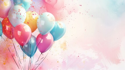 Wall Mural - Vibrant image of colorful balloons with a splattered paint background in hues of pink and blue.