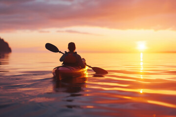 Person Kayaking at Sunset in a Calm Sea Against a Dramatic Sky