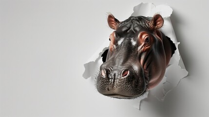 Poster - A detailed image of a hippopotamus head appearing through a torn white background.