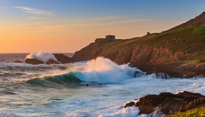 Wall Mural - waves crashing on the coast at sunset