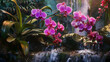 Painting of Purple Orchids and a Waterfall