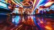 © OMD - Dynamic long exposure shot inside a vibrant casino with colorful lights and reflective floor.