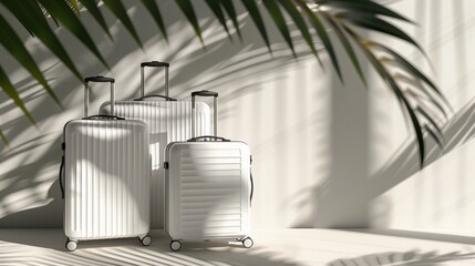 Wall Mural - A trio of white suitcases under palm tree shadows, giving a summer travel vibe.