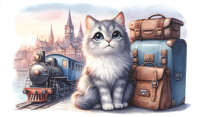 Wall Mural - A cat in earflaps sits on a suitcase and waits for the train