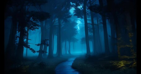walking through a dark and mystical forest in the night while above a river. blue themed forest full
