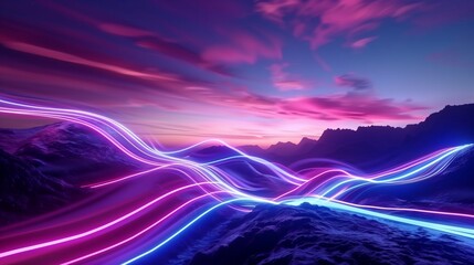 Wall Mural - Dramatic mountain landscape with neon glowing lines under a sunset sky.