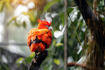 Wall Mural - an amazing colorful bird is sitting on a tree and washing his body. wonderful red and orange birds i