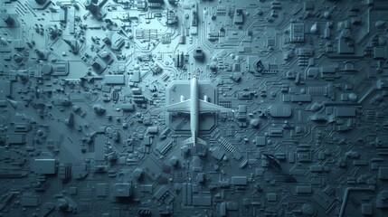 Canvas Print - Monochrome image featuring an airplane integrated with a complex circuit board pattern.