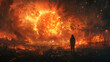 A Sole Survivor's Silhouette Against Fiery Destruction at Dusk