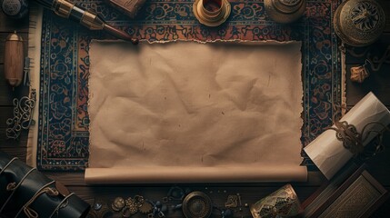 Wall Mural - Vintage desk setup with an empty aged paper scroll surrounded by old artifacts and ornate textiles.