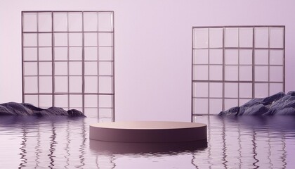 Wall Mural - 3d render round platform on water with glass wall panels minimal landscape mockup for product showcase banner in dark purple colors modern promotion mock up geometric background with empty space