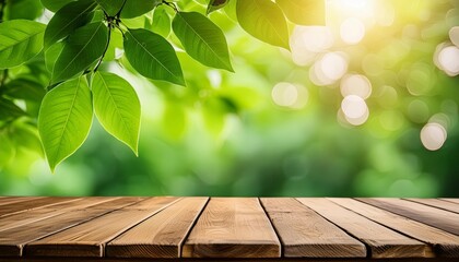 Wall Mural - wooden table and blurred green leaves nature bokeh background