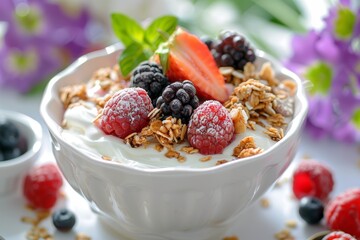 A breakfast dish of granola and fresh fruit with milk and yoghurt