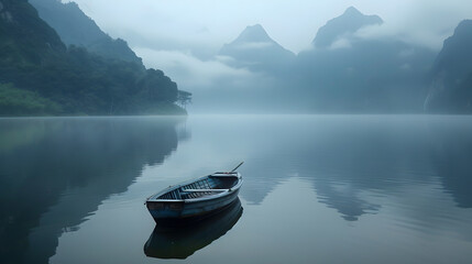 Wall Mural - Tranquil Reflections of Mountains and a Lone Boat Amidst Nature's Peaceful Scenery