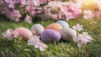 Wall Mural - easter background with easter eggs and spring flowers on grass