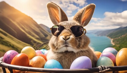 Wall Mural - adorable rabbit wearing cool shades in a festive vehicle full of colorful eggs for easter celebration